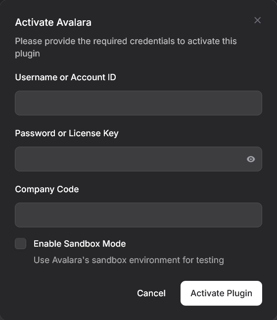 Avalara plugin Configure modal