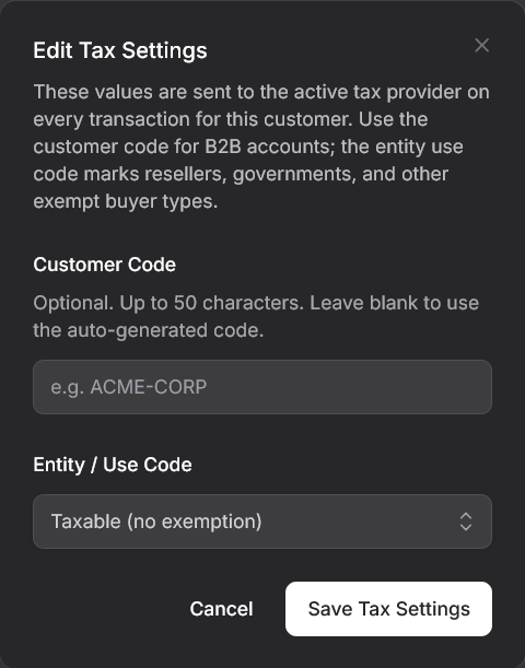Customer Detail Tax modal