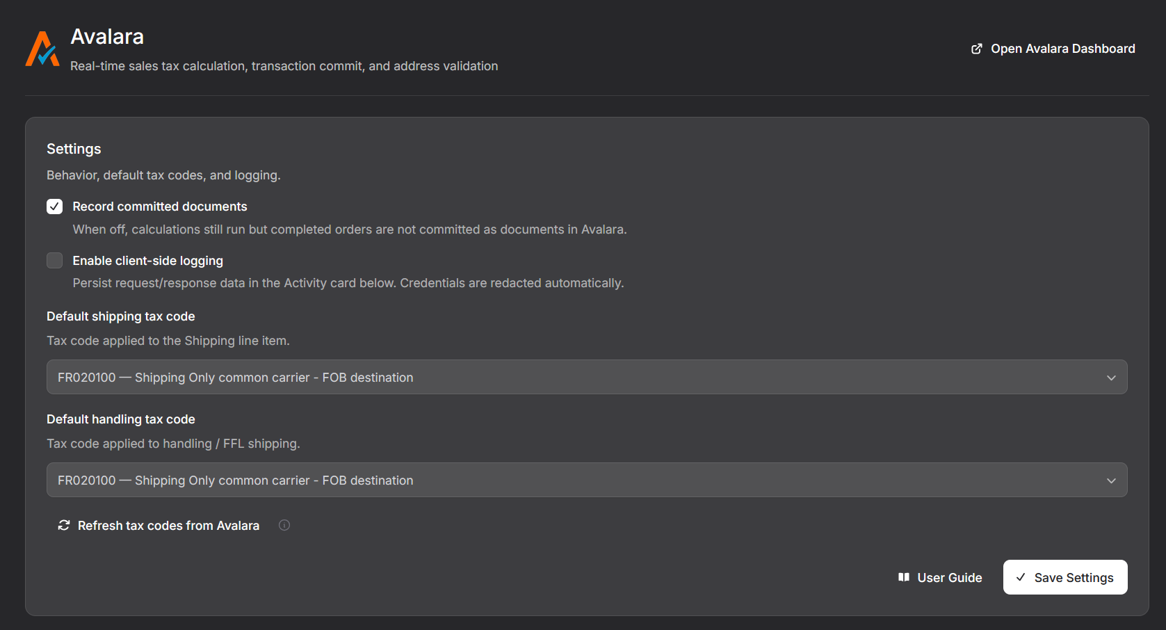 Avalara plugin Settings card