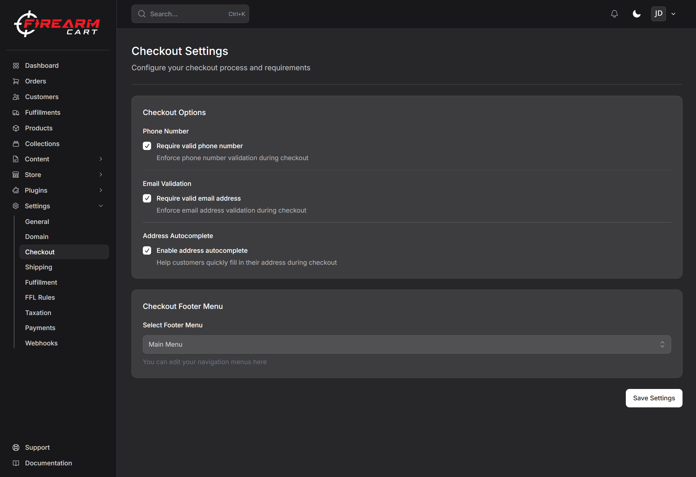 Firearm Cart Checkout Settings