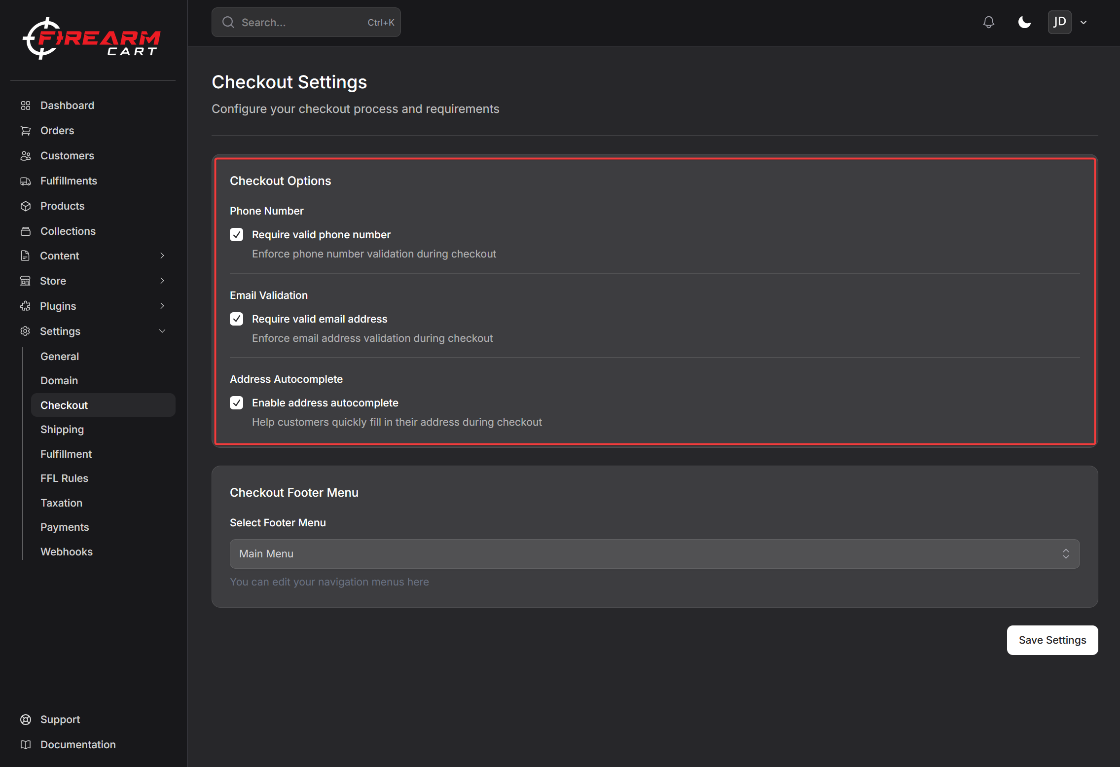 Firearm Cart Checkout Settings