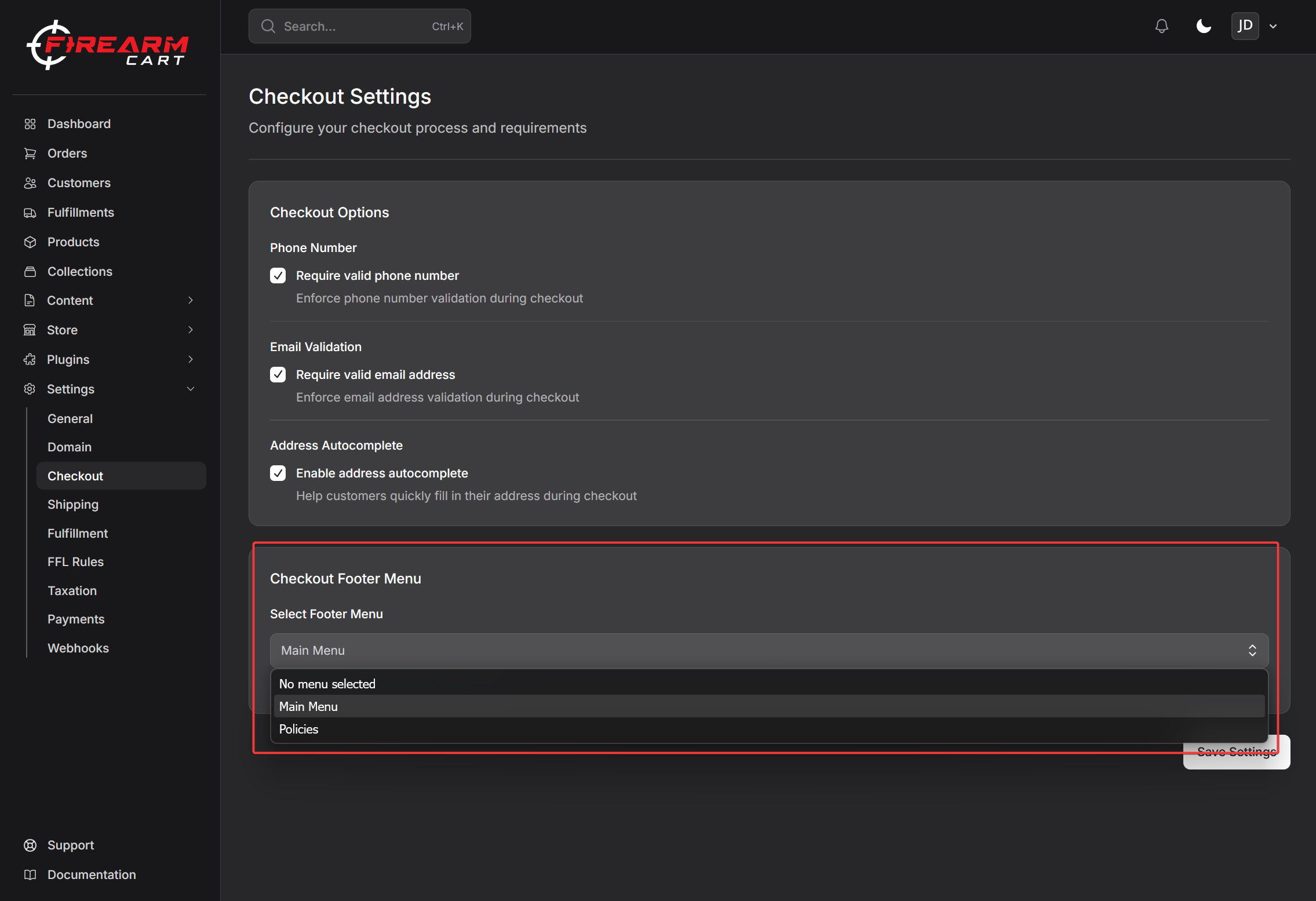 Firearm Cart Checkout Settings
