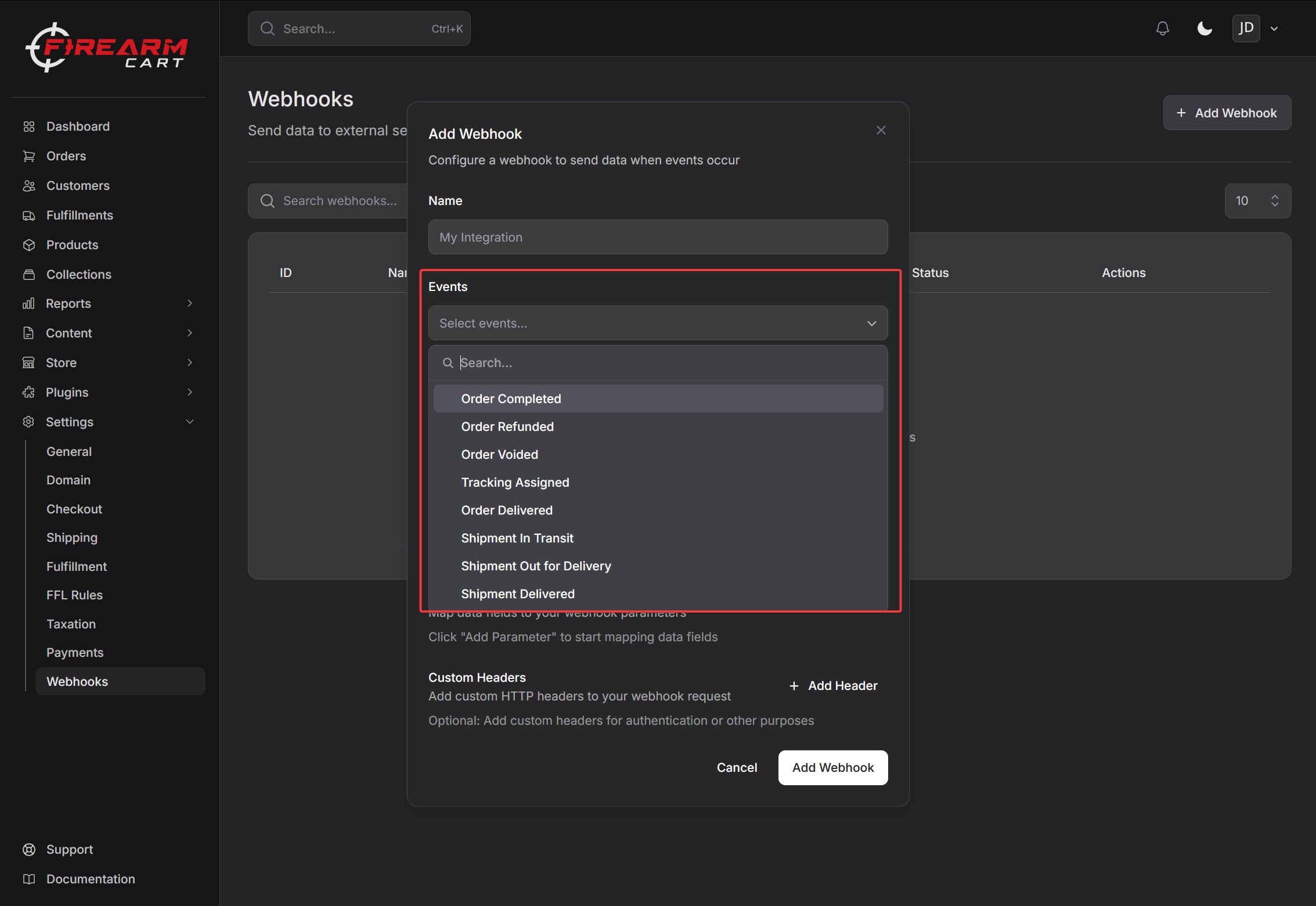 Firearm Cart Webhooks